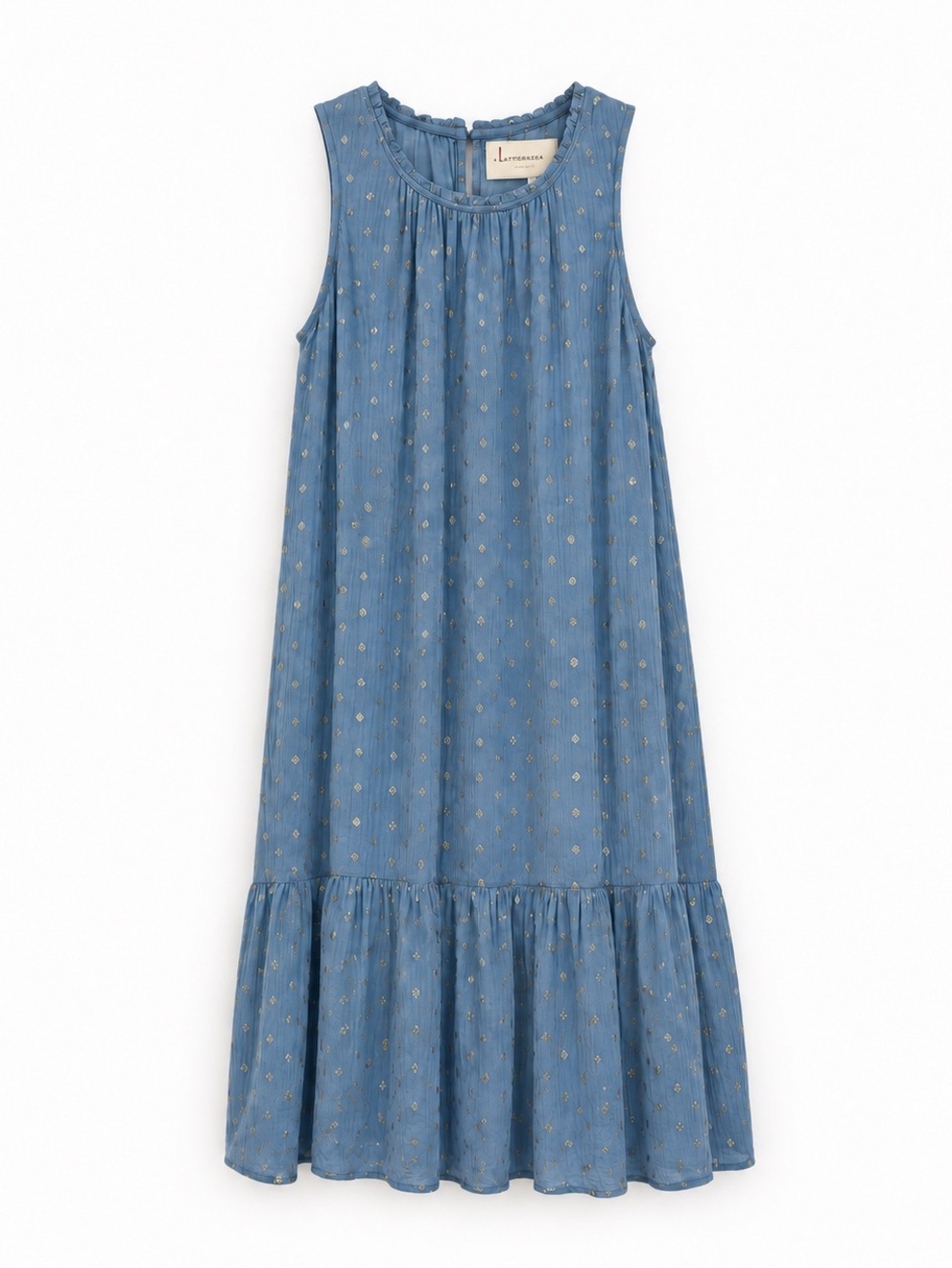 Anthropologie Dusty Blue Gold Dot Sleeveless Tiered Dress Size S